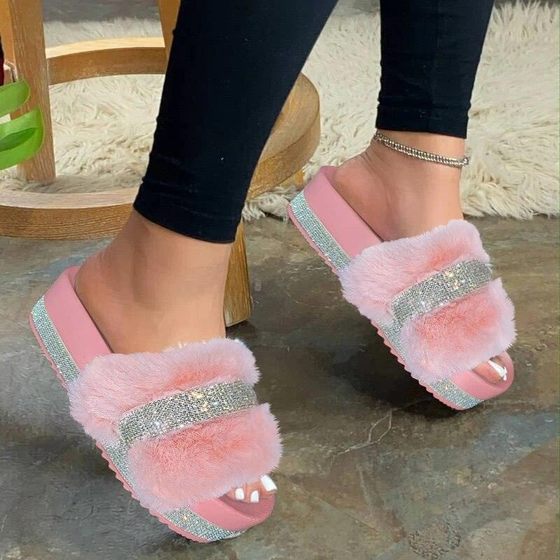 Glitter Fluffy Arch Support Slippers Women's Casual House Slides