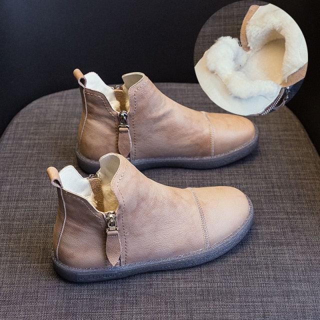 Genuine Leather Waterproof Winter Ankle Boots with Faux Fur Lining