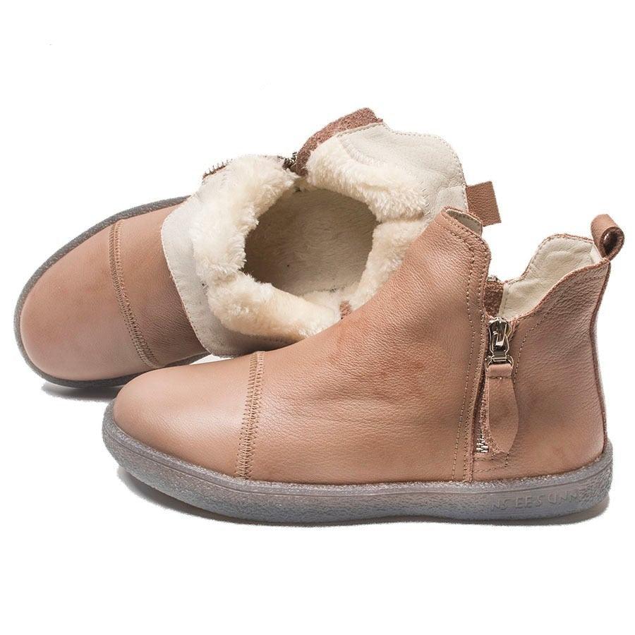 Genuine leather waterproof ankle boots with plush faux fur lining and slip-on rubber sole