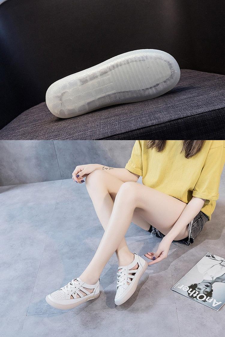 Women's Genuine Leather White Summer Sneakers Comfortable Flats
