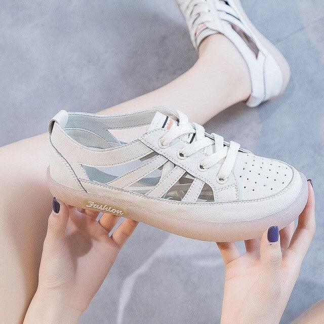 Women's Genuine Leather White Summer Sneakers Comfortable Flats