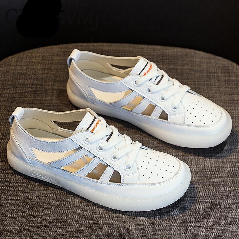 Women's genuine leather white summer sneakers with rubber outsole for casual walking