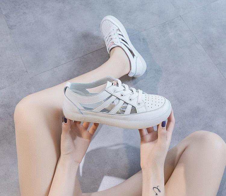 Women's Genuine Leather White Summer Sneakers Comfortable Flats