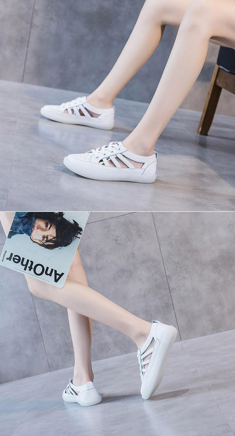Women's Genuine Leather White Summer Sneakers Comfortable Flats