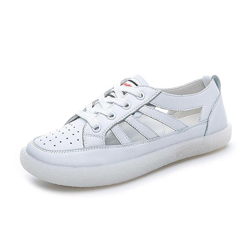 Women's Genuine Leather White Summer Sneakers Comfortable Flats