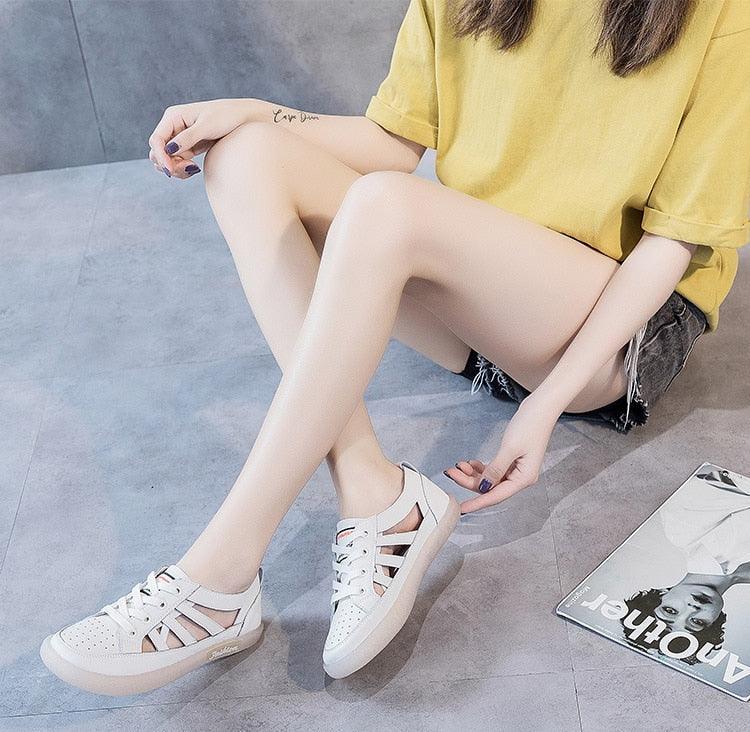 Women's Genuine Leather White Summer Sneakers Comfortable Flats