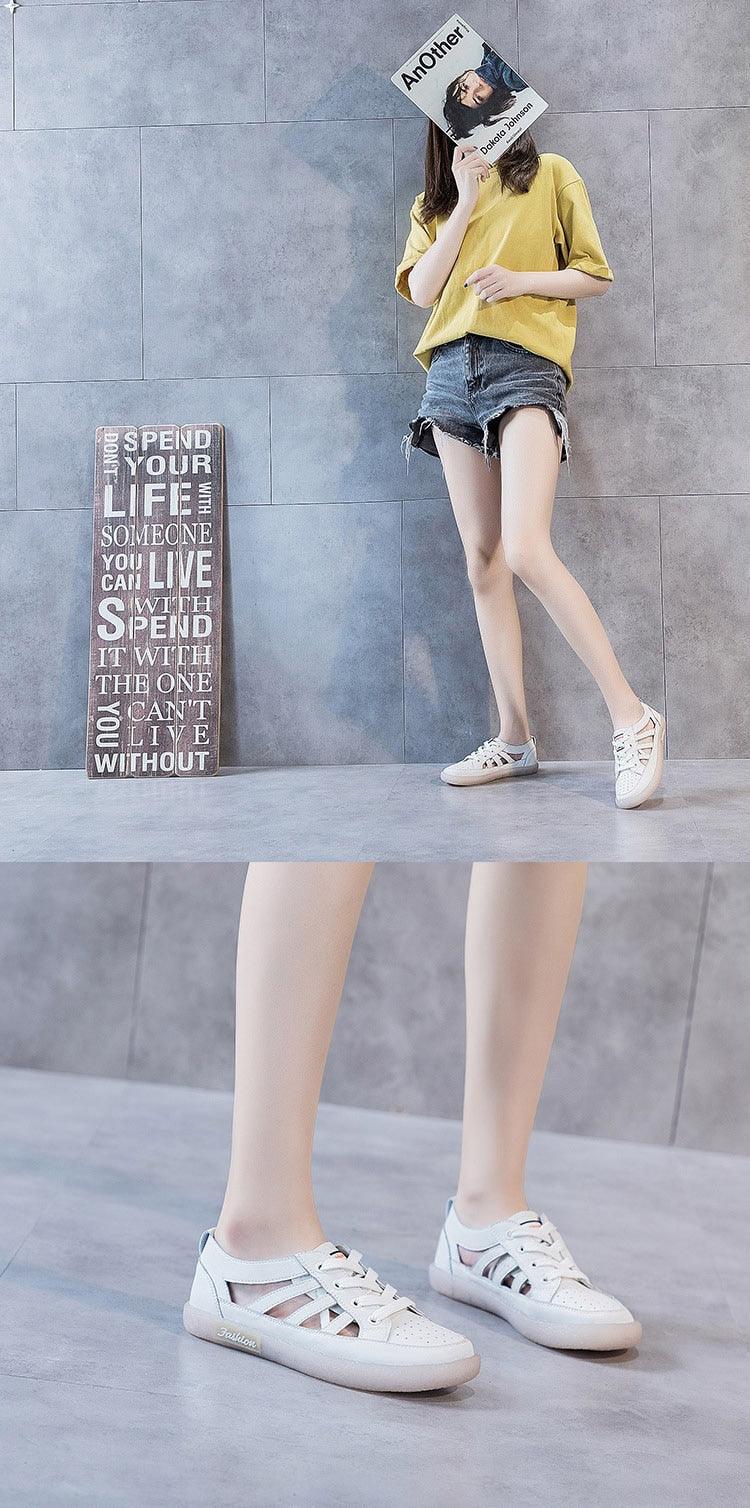 Women's Genuine Leather White Summer Sneakers Comfortable Flats