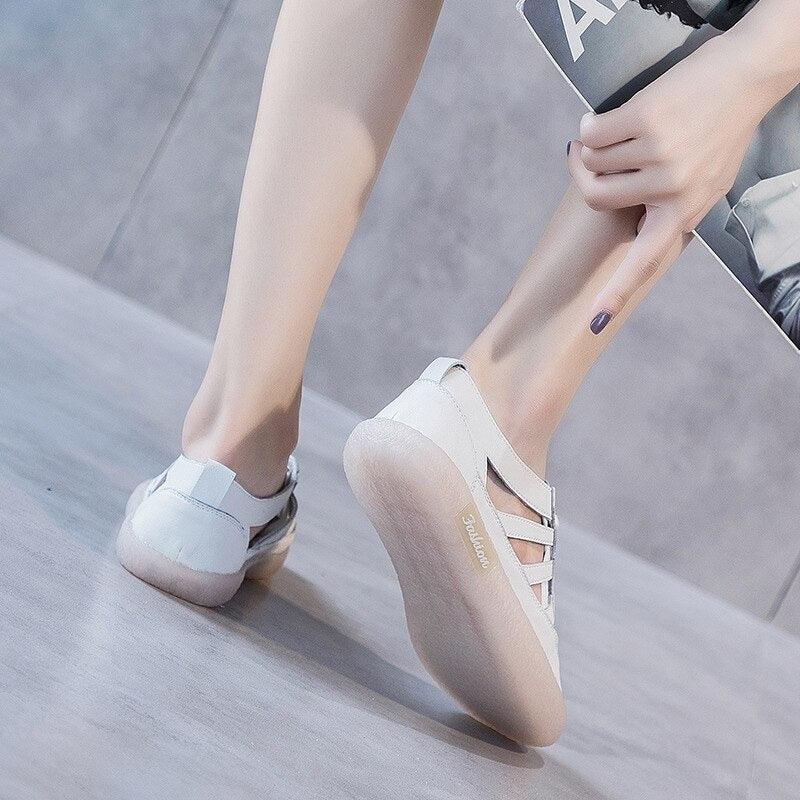 Women's Genuine Leather White Summer Sneakers Comfortable Flats