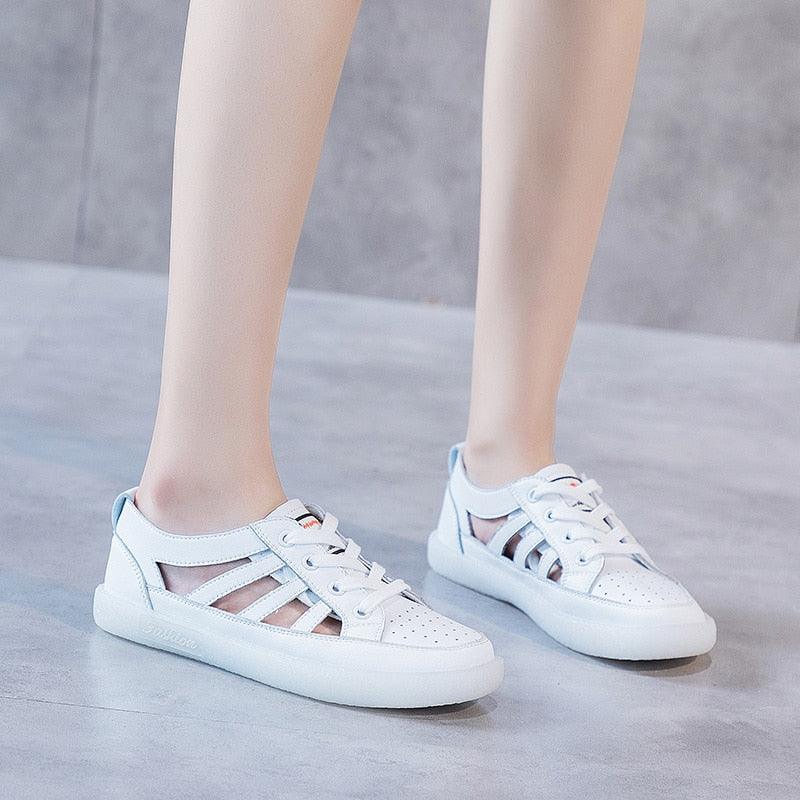 Women's Genuine Leather White Summer Sneakers Comfortable Flats