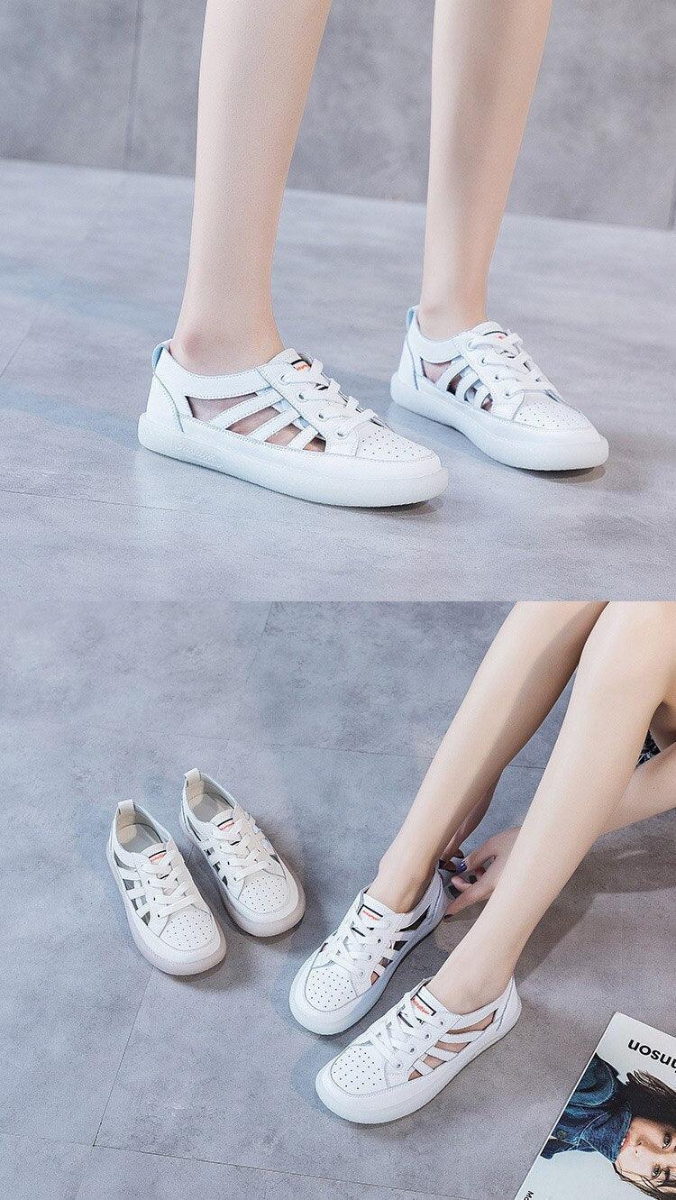Women's Genuine Leather White Summer Sneakers Comfortable Flats