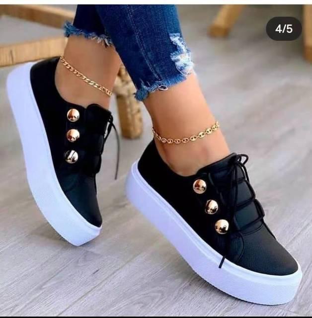 Women's Round Toe Platform Sneakers Gold & White Lace-Up Trainers