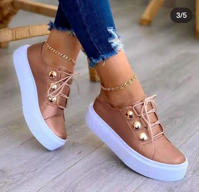 Women's Round Toe Platform Sneakers Gold & White Lace-Up Trainers