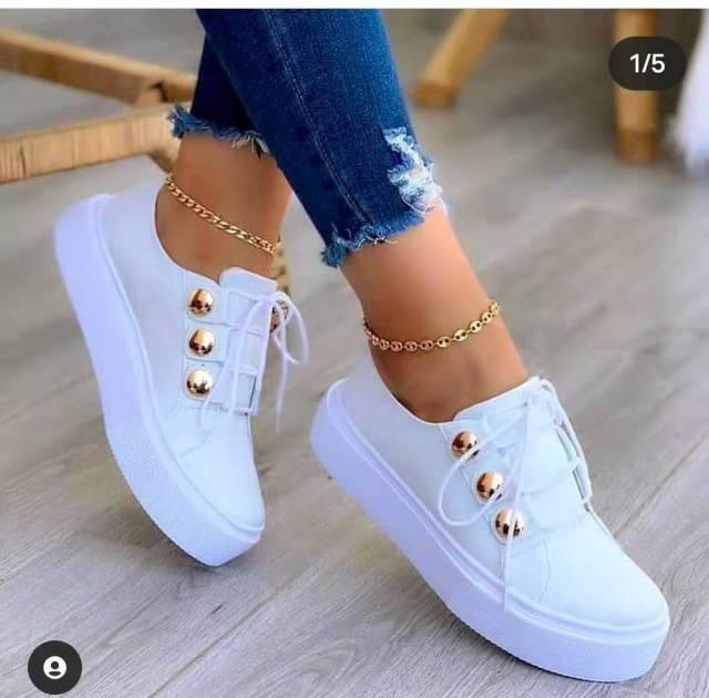 Women's Round Toe Platform Sneakers Gold & White Lace-Up Trainers