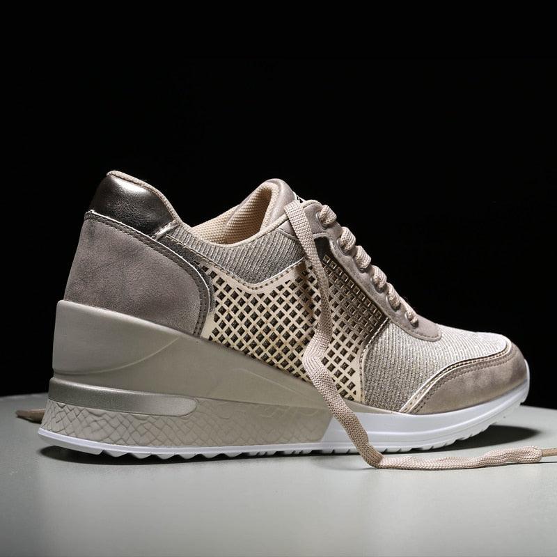 Stevvex women's gold and silver platform sneakers with rubber sole for walking