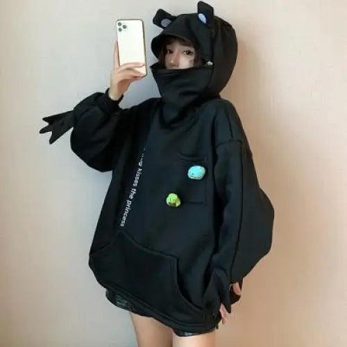Women's Frog Embroidery Knit Hoodie Loose Casual Pullover