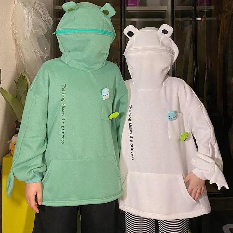 Women's casual knit hoodie with cute frog embroidery and a functional front pocket.