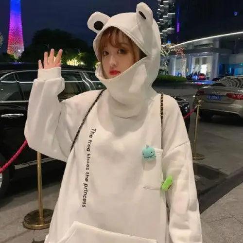 Women's Frog Embroidery Knit Hoodie Loose Casual Pullover