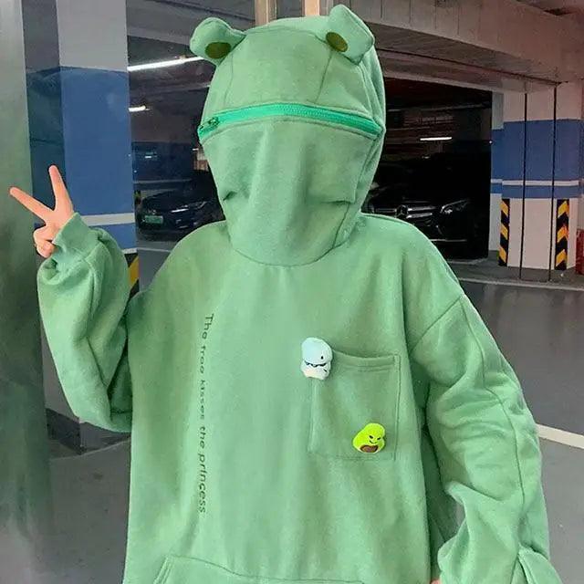 Women's Frog Embroidery Knit Hoodie Loose Casual Pullover