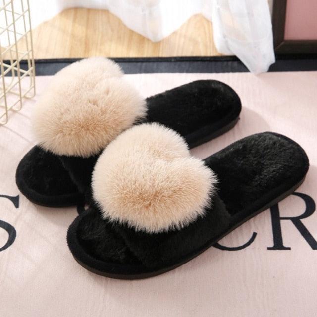 Women's Fluffy Heart Pattern Memory Foam Slippers - Non-Slip Sole