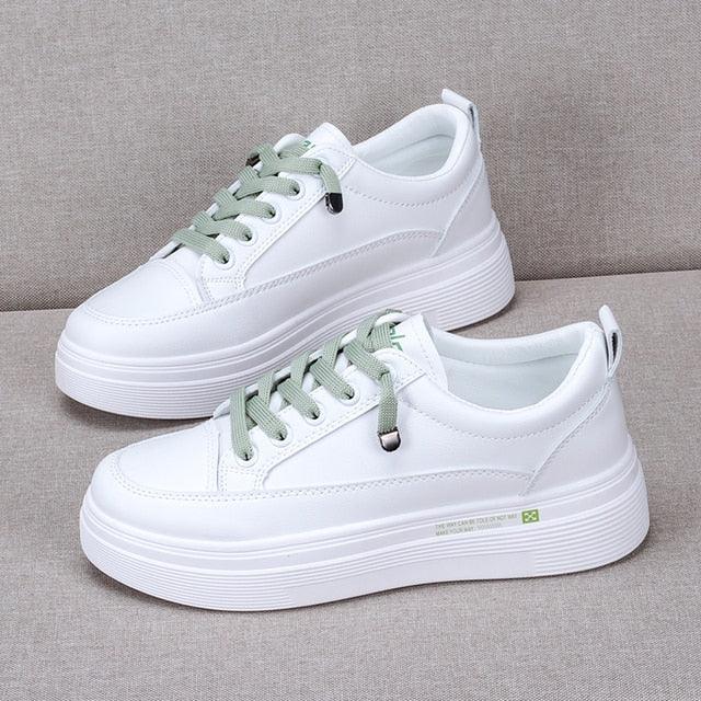 Women's White Leather Vulcanized Sneakers - Comfortable Casual Shoes