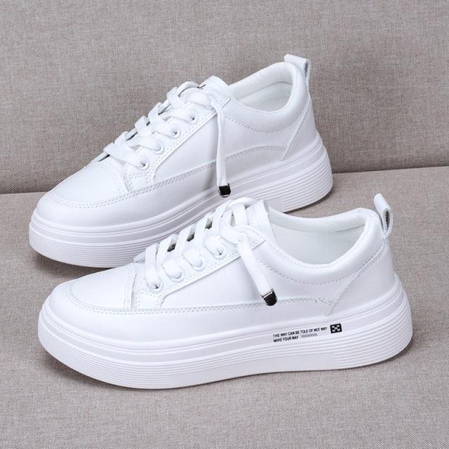 Women's White Leather Vulcanized Sneakers - Comfortable Casual Shoes