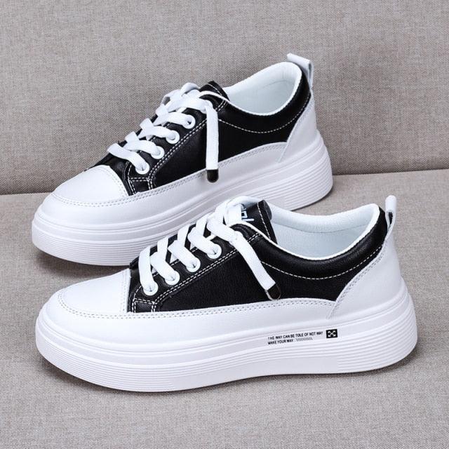 Women's White Leather Vulcanized Sneakers - Comfortable Casual Shoes