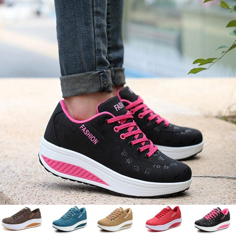 Women’s Leather Flatform Sneakers Height Increasing Lace-Up Shoes