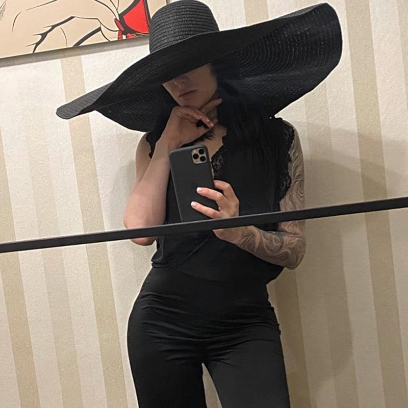 Women's Oversized Foldable Straw Beach Sun Hat Wide Brim UV Cap
