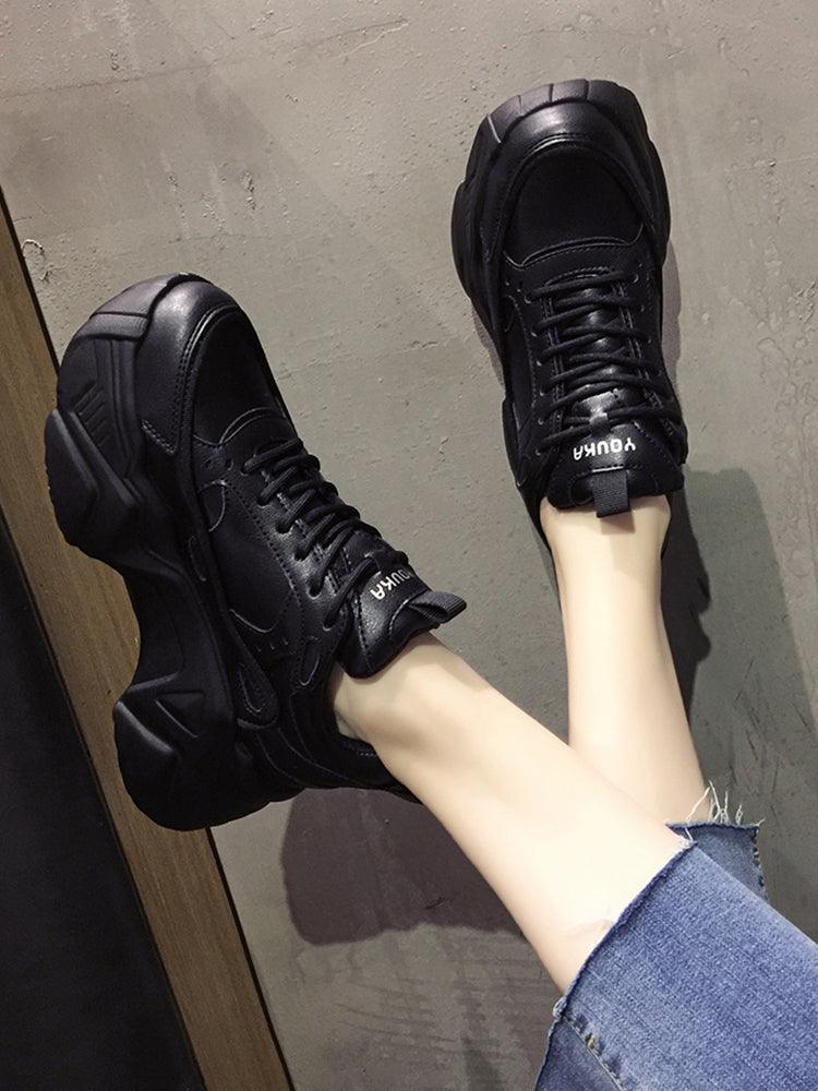 Women's Leather Platform Chunky Sneakers Black Walking Trainers