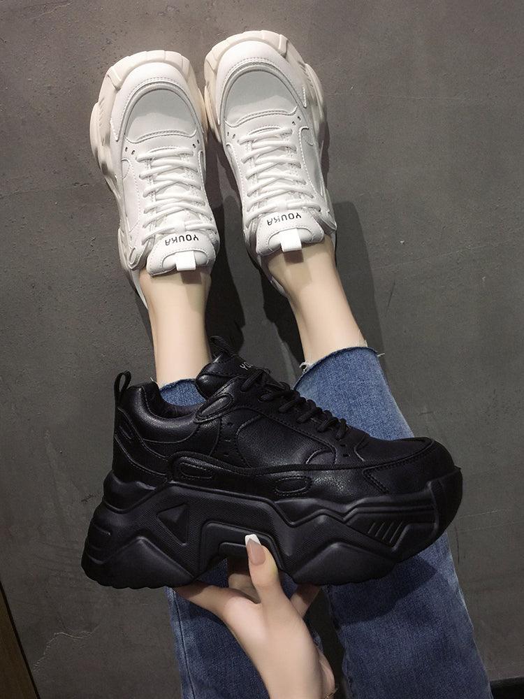 Women's Leather Platform Chunky Sneakers Black Walking Trainers