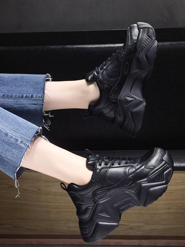 Women's Leather Platform Chunky Sneakers Black Walking Trainers
