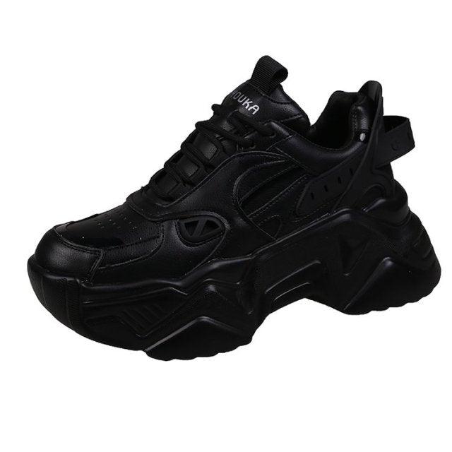 Women's Leather Platform Chunky Sneakers Black Walking Trainers
