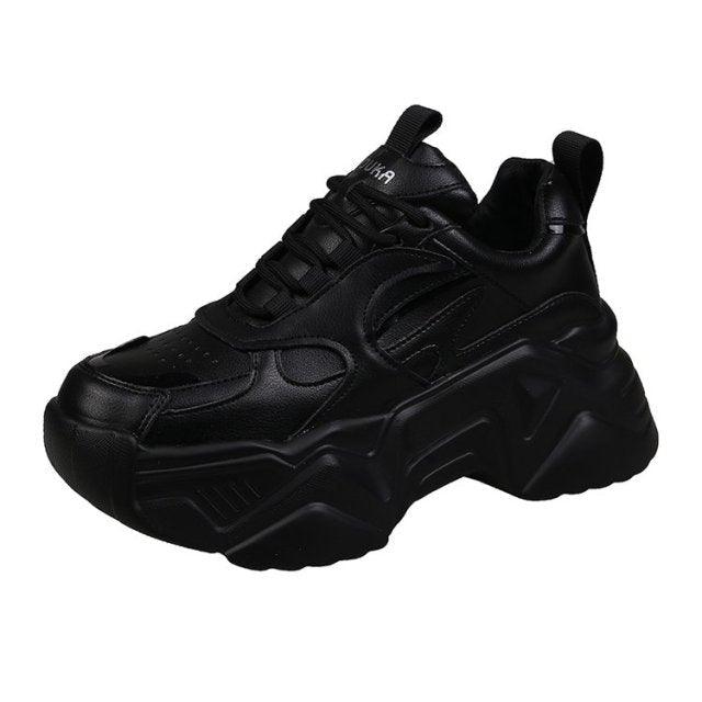 Women's Leather Platform Chunky Sneakers Black Walking Trainers