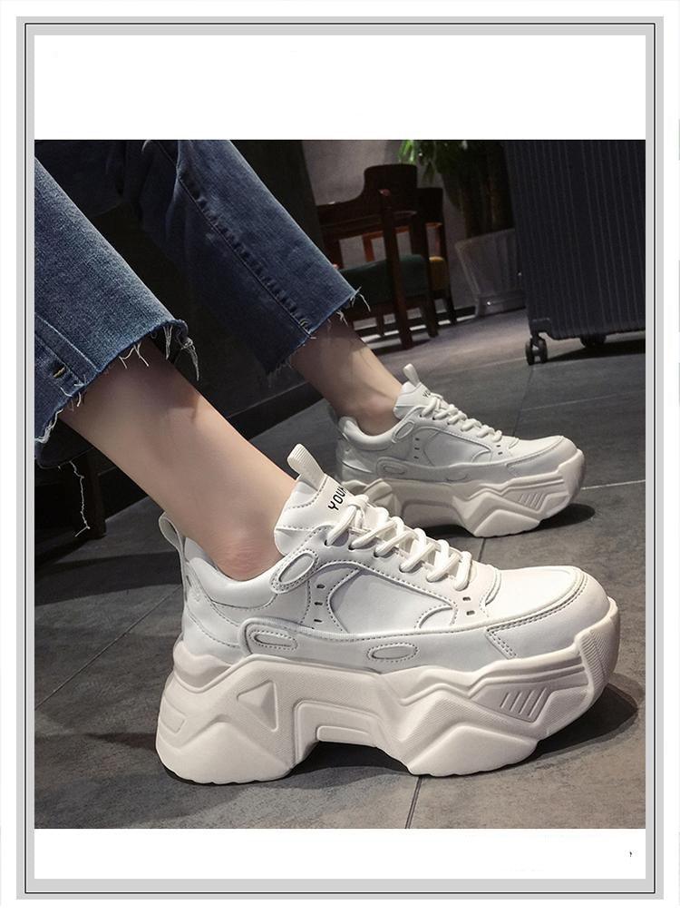 Women's Leather Platform Chunky Sneakers Black Walking Trainers