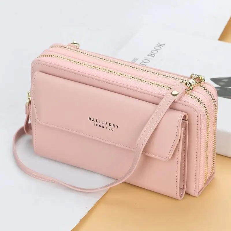 Minimalist double layer leather crossbody bag in pink, blue, and silver for women.