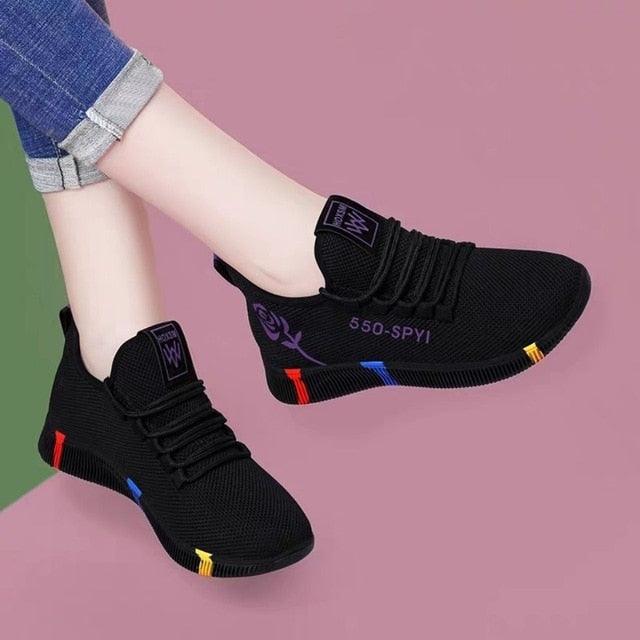 Women's Black Platform Fashion Sneakers Lightweight Mesh Tennis Shoes