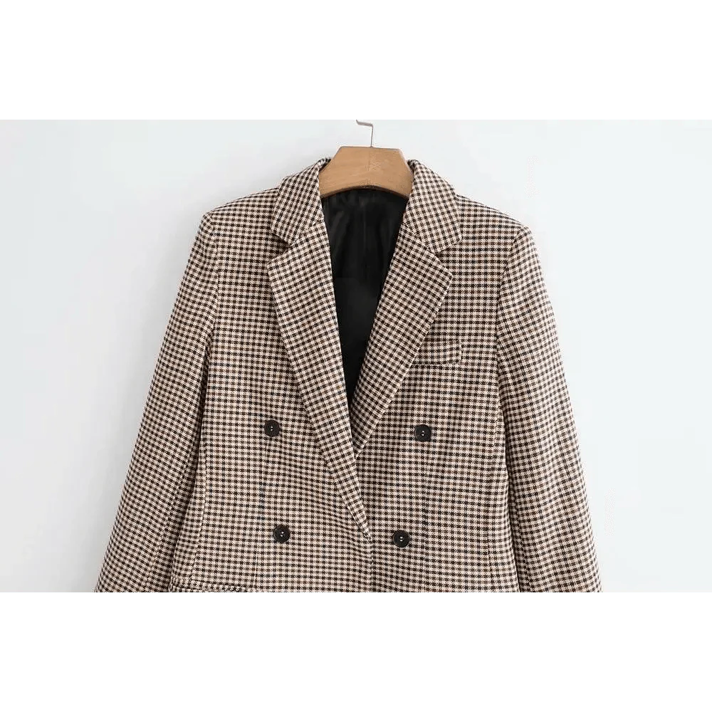 Women's Double Breasted Plaid Blazer Vintage Long Sleeve Jacket