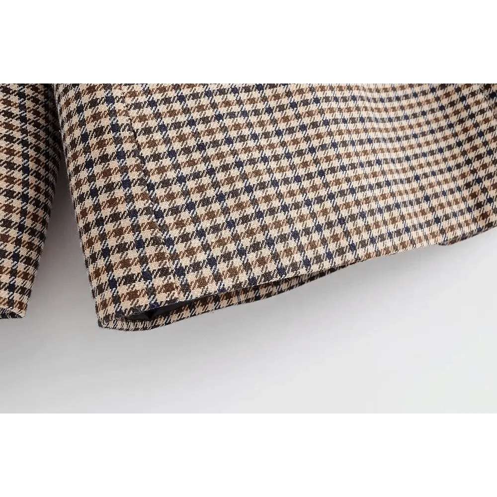 Women's Double Breasted Plaid Blazer Vintage Long Sleeve Jacket