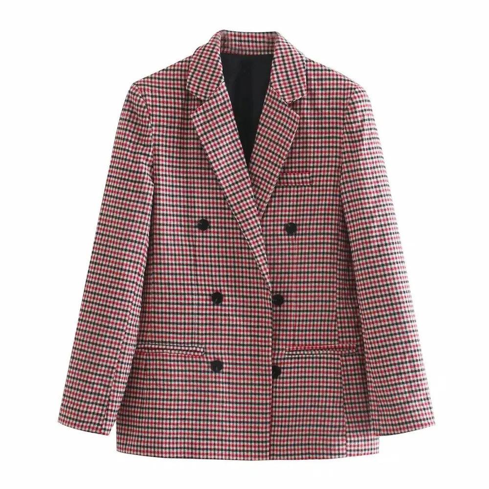 Women's Double Breasted Plaid Blazer Vintage Long Sleeve Jacket