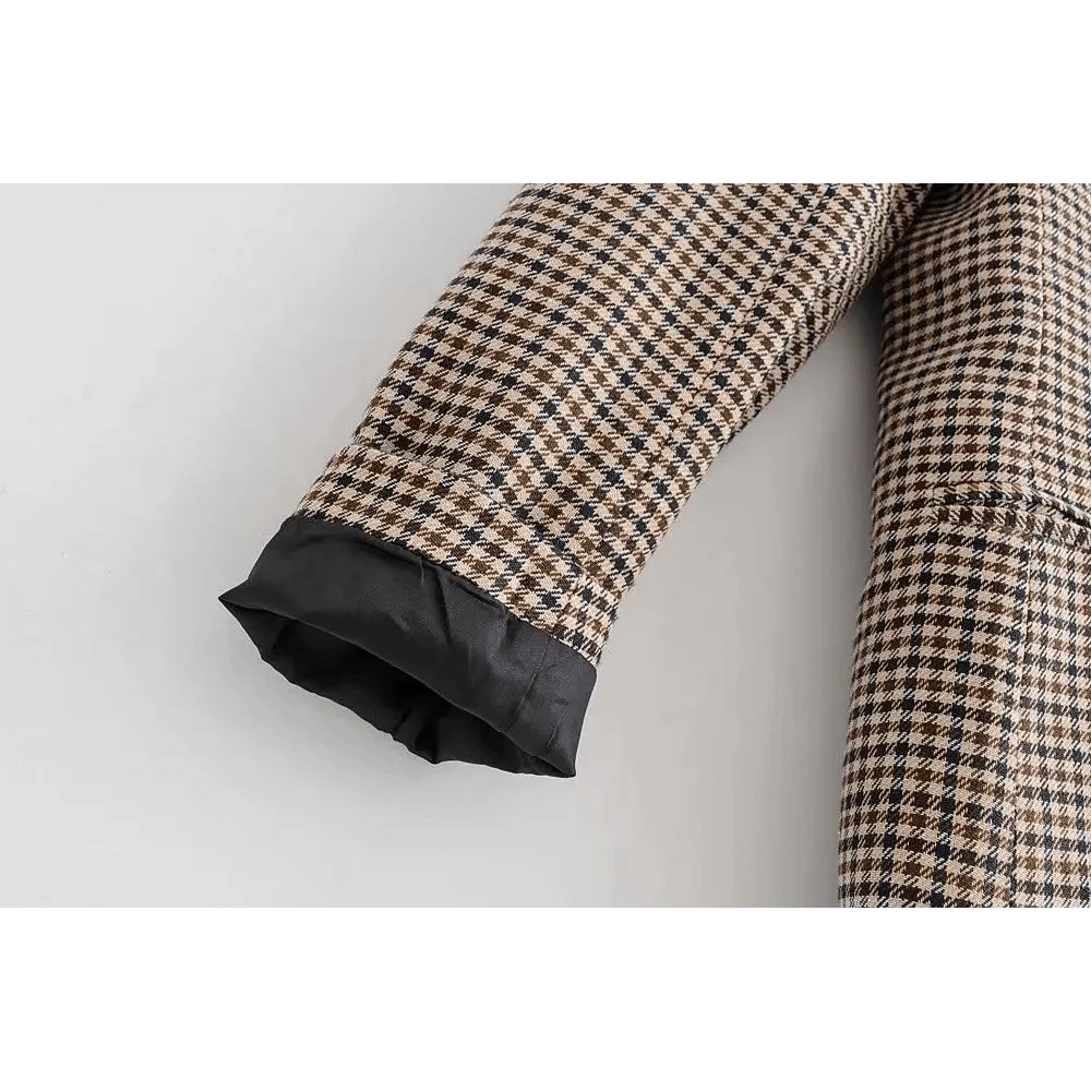 Women's Double Breasted Plaid Blazer Vintage Long Sleeve Jacket