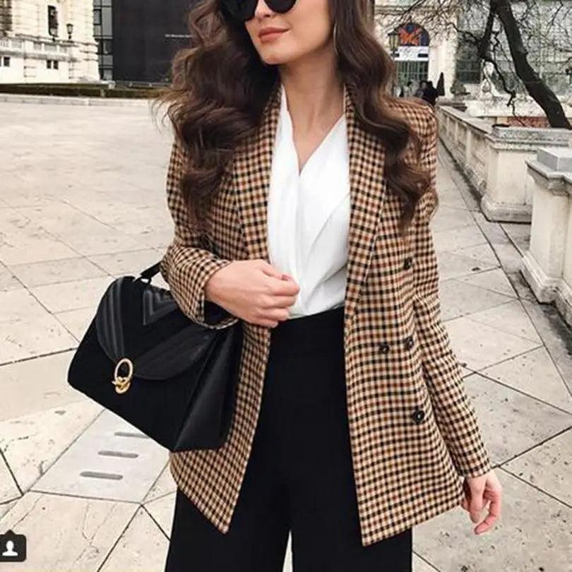 Women's Double Breasted Plaid Blazer Vintage Long Sleeve Jacket