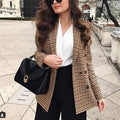 Women's Double Breasted Plaid Blazer Vintage Long Sleeve Jacket