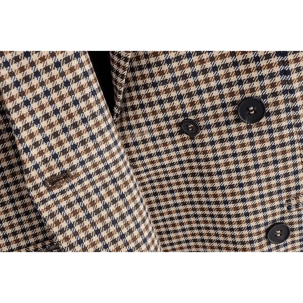Women's Double Breasted Plaid Blazer Vintage Long Sleeve Jacket