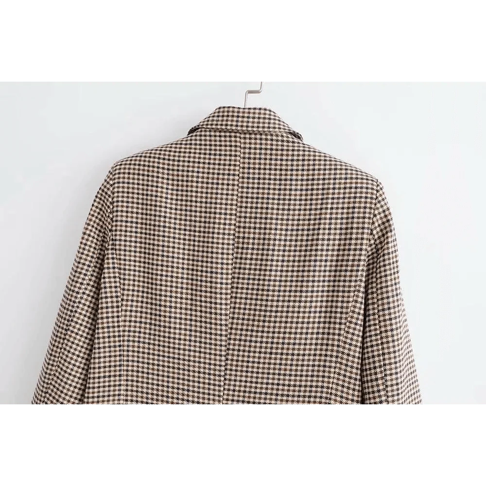 Women's Double Breasted Plaid Blazer Vintage Long Sleeve Jacket