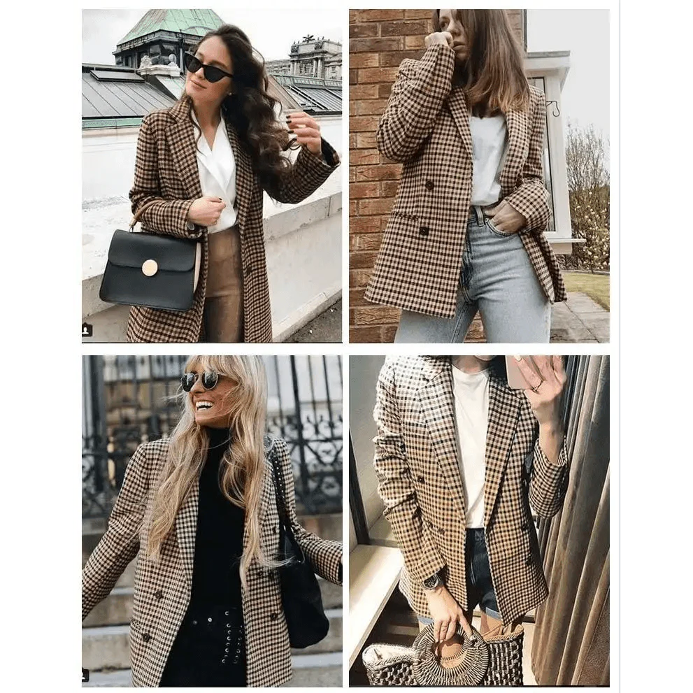 Women's Double Breasted Plaid Blazer Vintage Long Sleeve Jacket