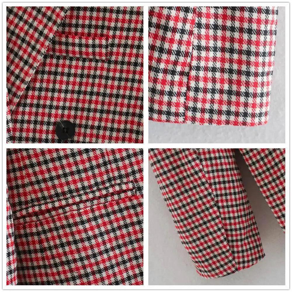 Women's Double Breasted Plaid Blazer Vintage Long Sleeve Jacket