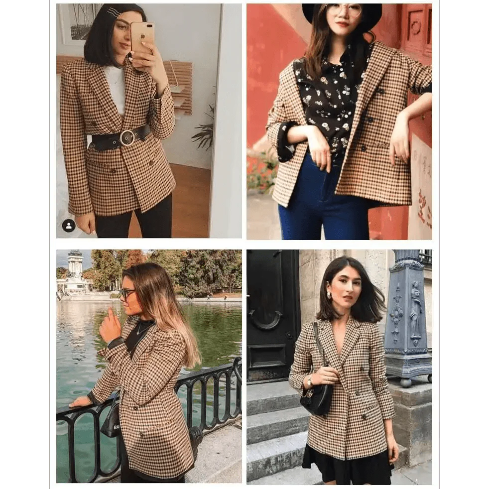 Women's Double Breasted Plaid Blazer Vintage Long Sleeve Jacket