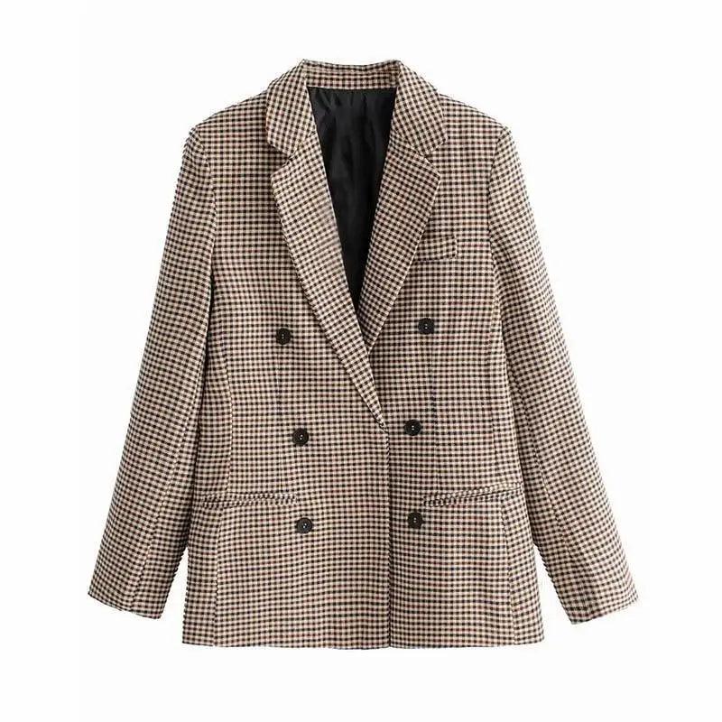 Women's Double Breasted Plaid Blazer Vintage Long Sleeve Jacket