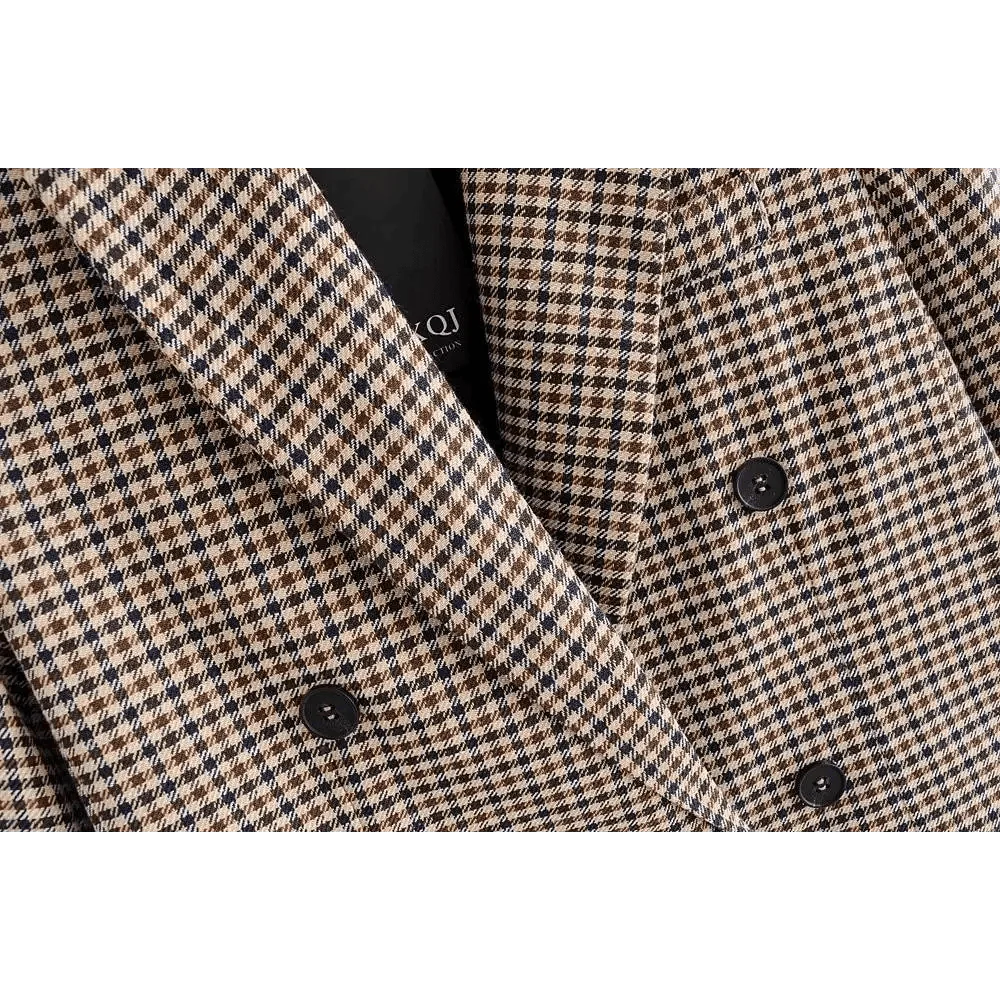 Women's Double Breasted Plaid Blazer Vintage Long Sleeve Jacket