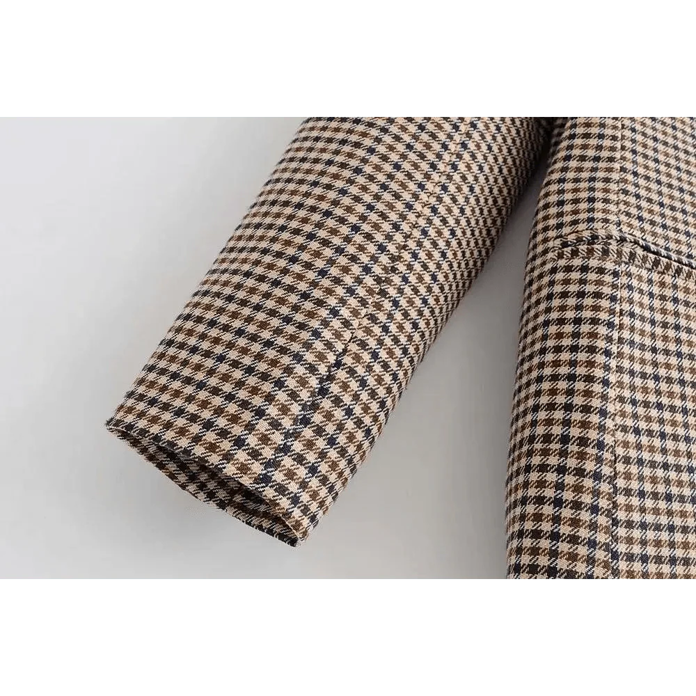 Women's Double Breasted Plaid Blazer Vintage Long Sleeve Jacket